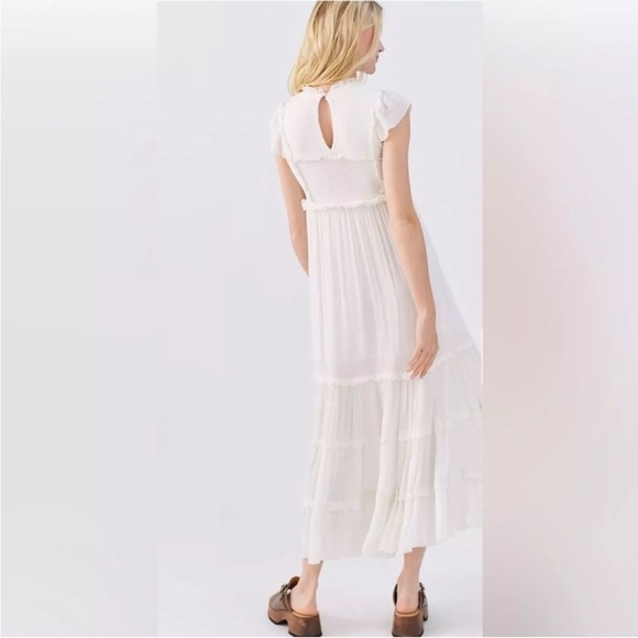 Urban Outfitters UO Sandra Ruffle Midi Maxi Dress Smocked Tiered Gauzy White M - Picture 2 of 14